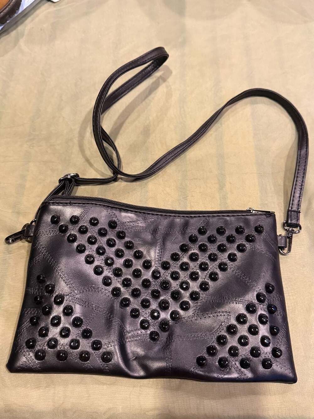 Black Studded PU Leather Crossbody Bag Wristlet Clutch Handbag